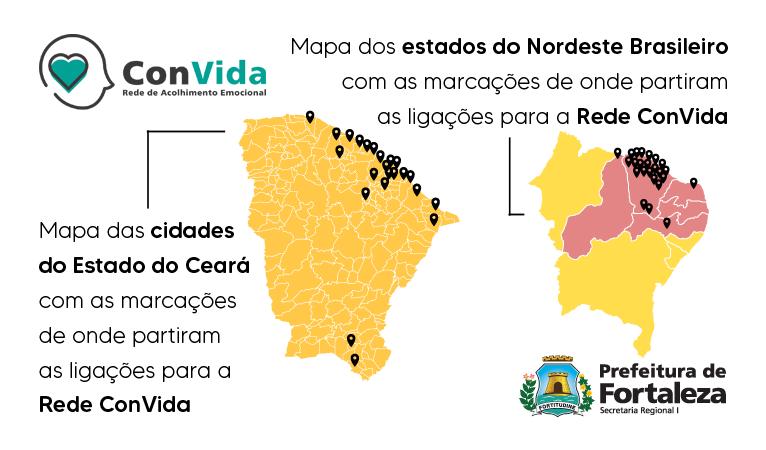 mapa do Ceará à esquerda com marcações nas cidades de onde vêm as ligações e mapa do nordeste à direita com marcações nas cidades de onde vêm ligações